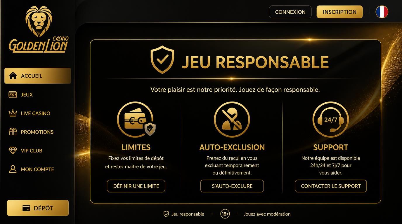 Icônes d’auto-exclusion, limites et service client dans une interface élégante de casino.
