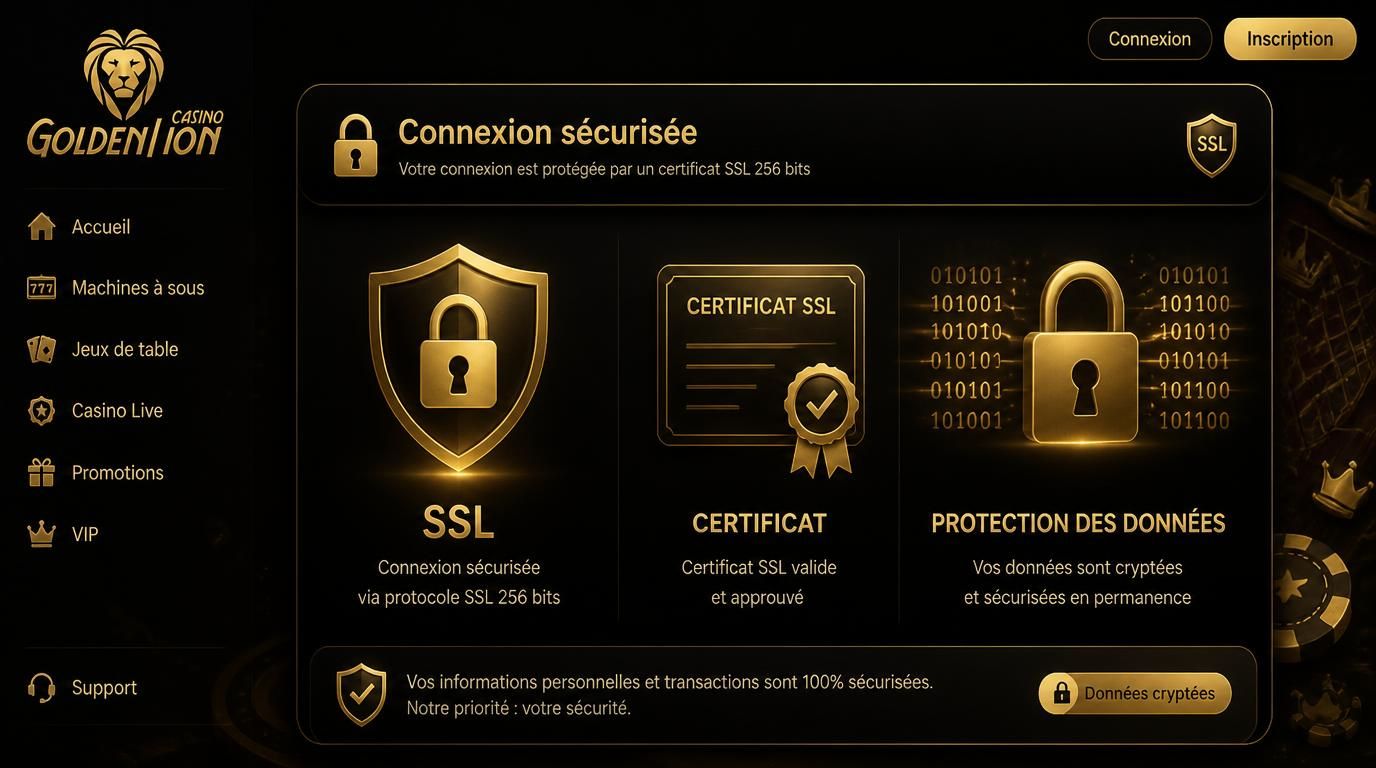 Interface de casino sécurisée avec cadenas et certificat SSL.