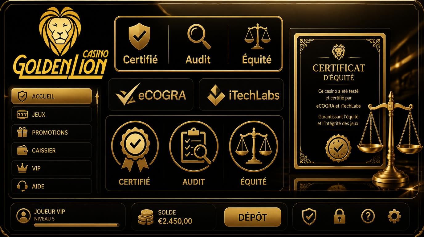 Logos d’audit et certificats d’équité dans une interface de casino.